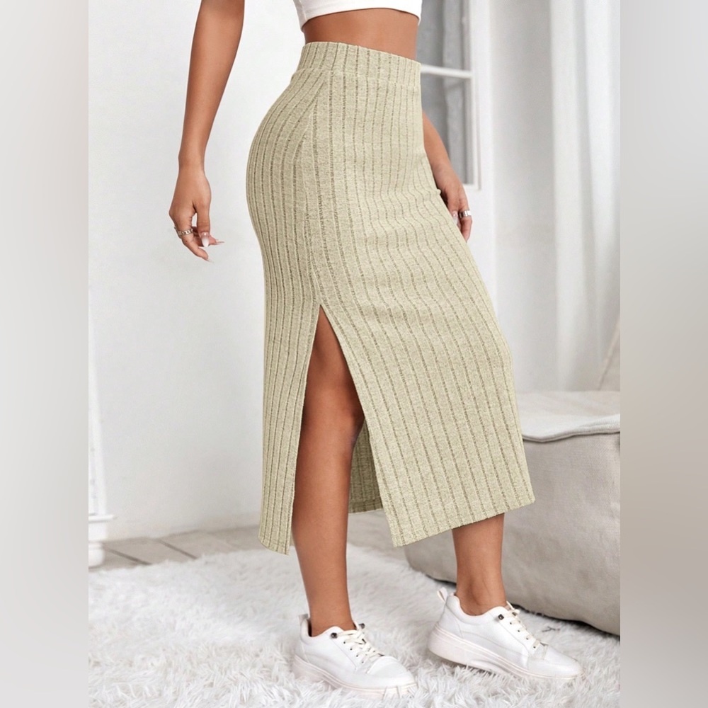 Women's High Waist Split Thigh Ribbed Knit Long Skirt